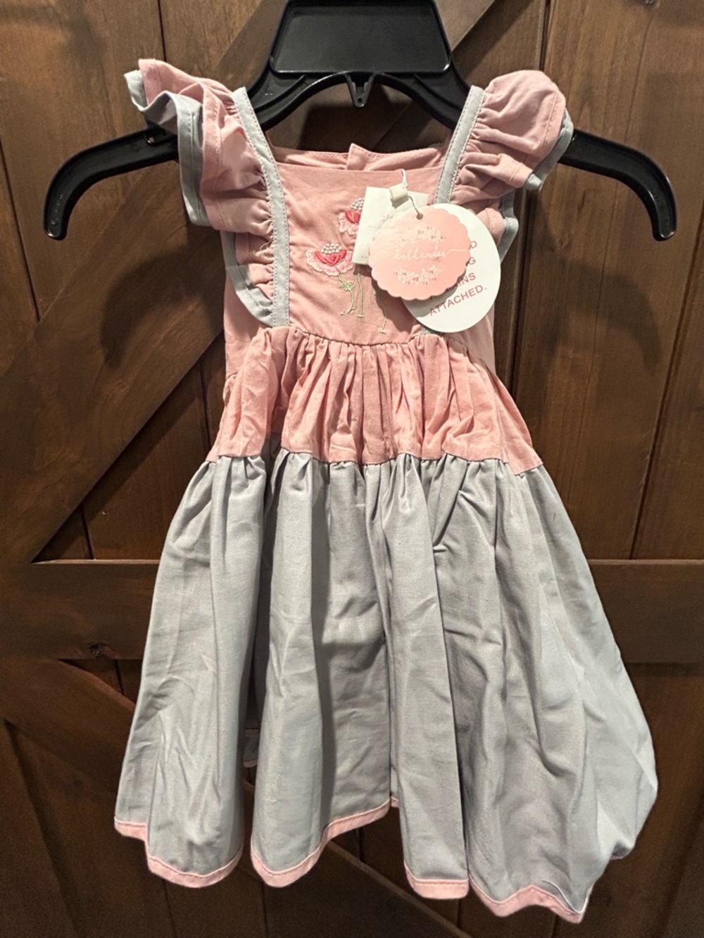 Dollcake Pink and Gray Ruffle Strap Floral Appliqué Dress - Size 2 - NWT